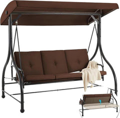 AECOJOY 3 Seats Porch Swing Chair with Adjustable Backrest & Canopy, Brown