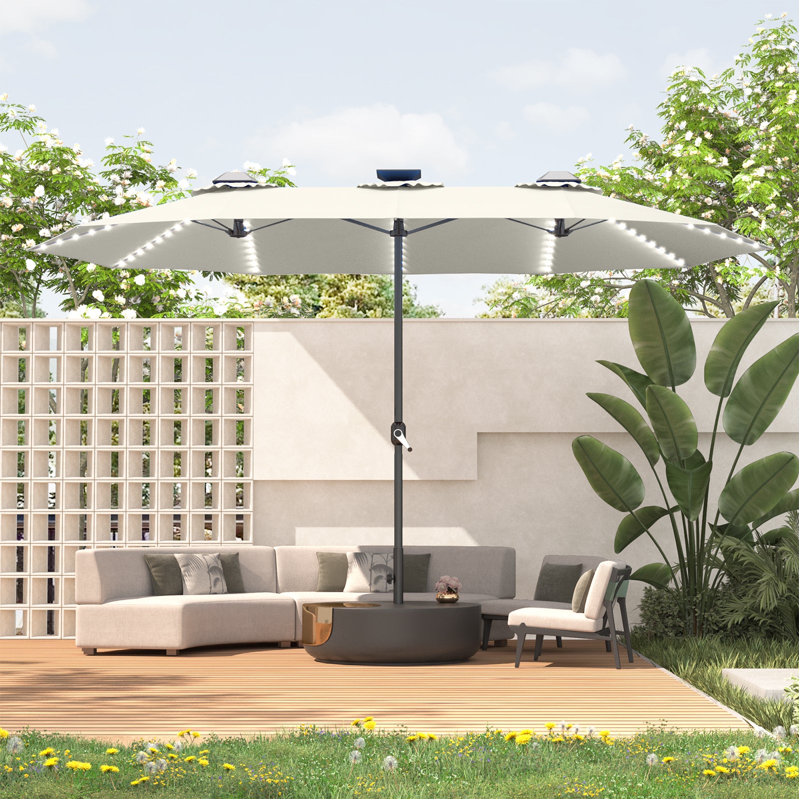 inexpensive patio umbrellas AECOJOY 15ft Patio Double-Sided Umbrella, 156 PCS Solar LED Light Outdoor Large Umbrella, Ivory