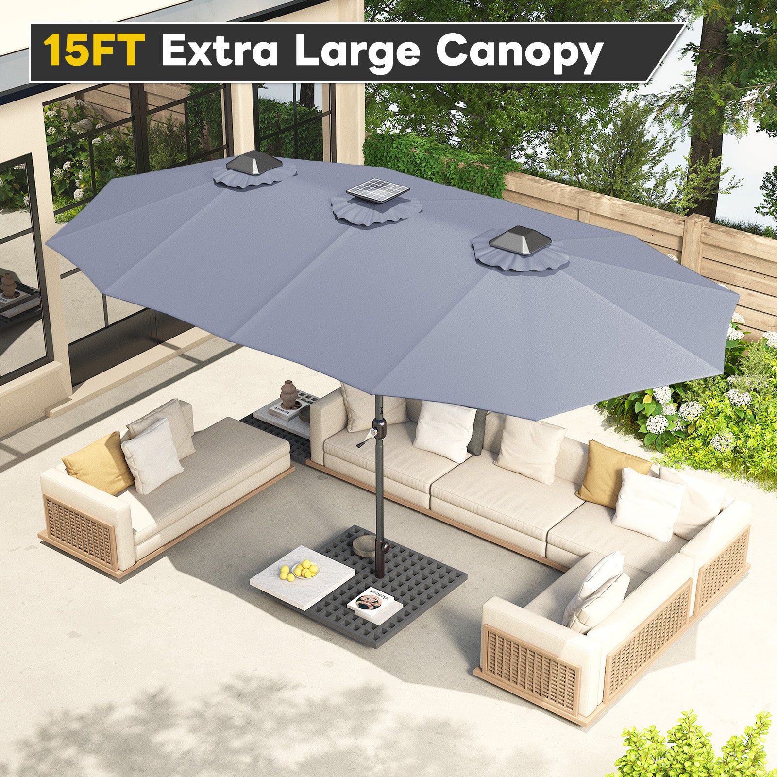 extra large patio umbrella with base and lights AECOJOY 15ft Patio Double-Sided Umbrella, 156 PCS Solar LED Light Outdoor Large Umbrella, Grey
