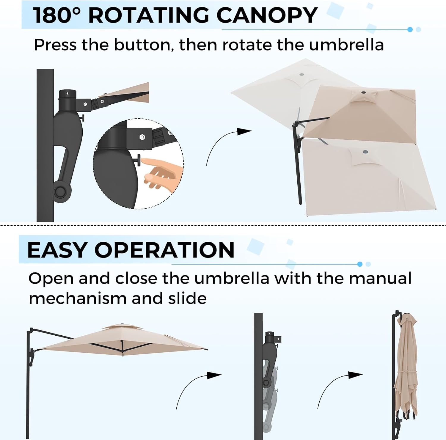 AECOJOY 10ft Cantilever Patio Umbrella, Large Rectangle Umbrella 180°