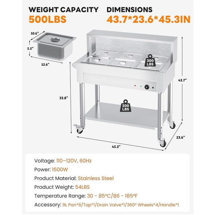 AECOJOY Commercial Food Warmer - 1500W Electric Steam Table with 6x10QT ...