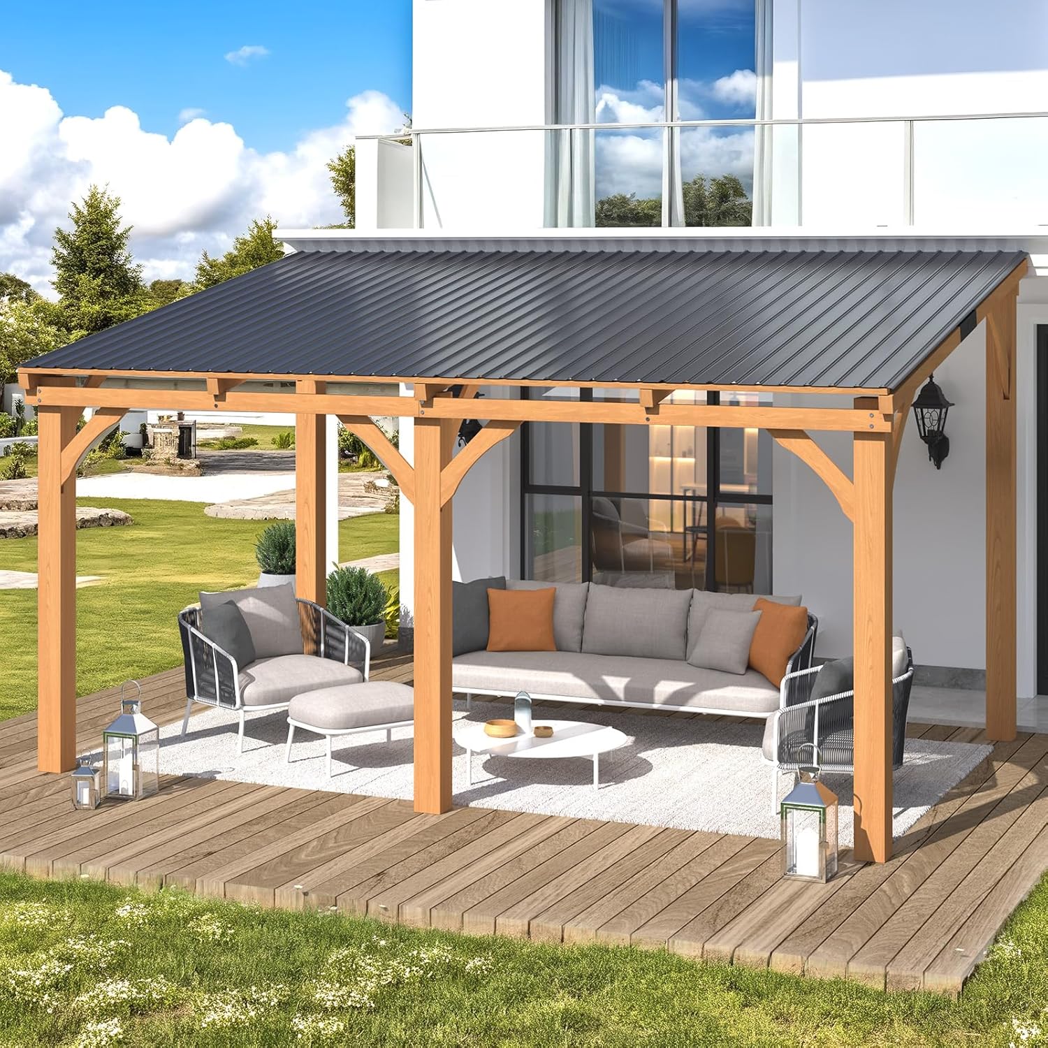 Lean To Outside Racking AECOJOY 14' x 10' Outdoor Wooden Gazebo, Patio Lean to Hardtop Pergola