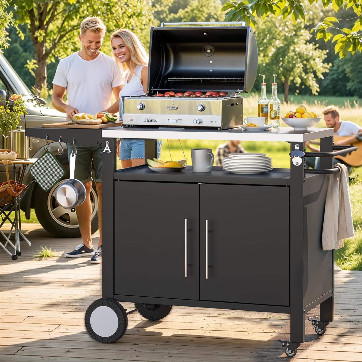 Storage Rack Back Grill AECOJOY Outdoor Grill Table with Storage Cabinet, Rolling Bar Grill Ca