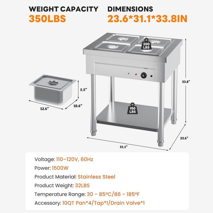 AECOJOY Commercial Food Warmer - 1500W Electric Steam Table with 4x10QT ...