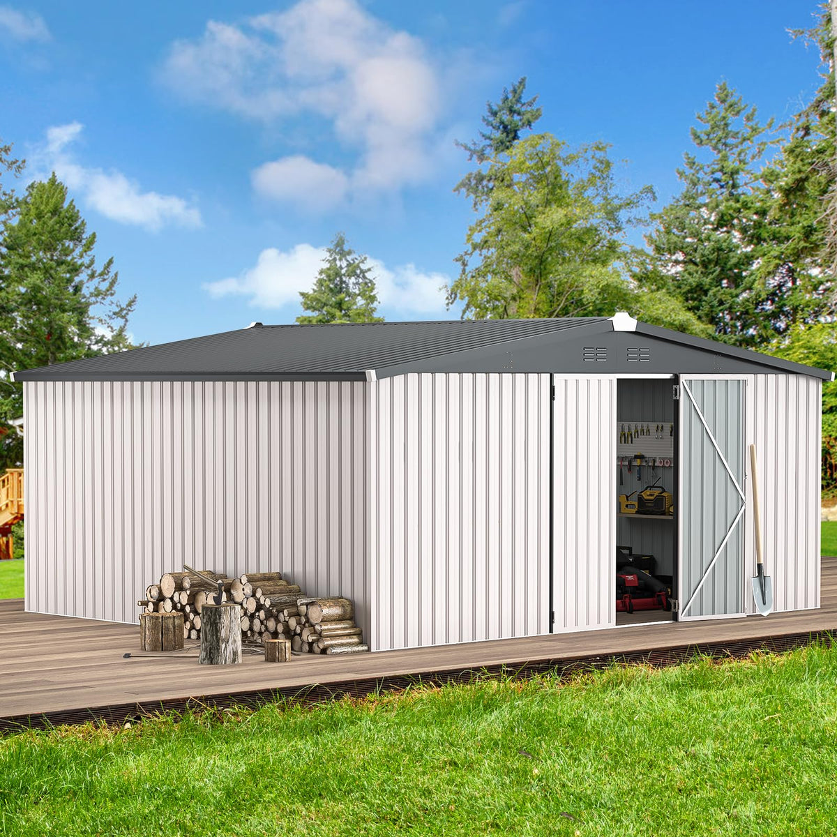 AECOJOY 14'x12' Outdoor Storage Shed, White | Large Weatherproof Garden ...