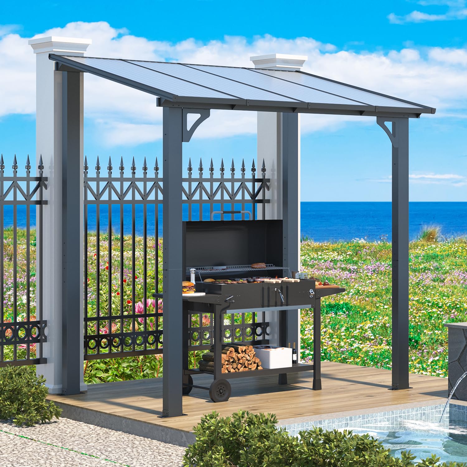 AECOJOY 8' x 5' Wall Mounted Gazebos Pergola, Dark