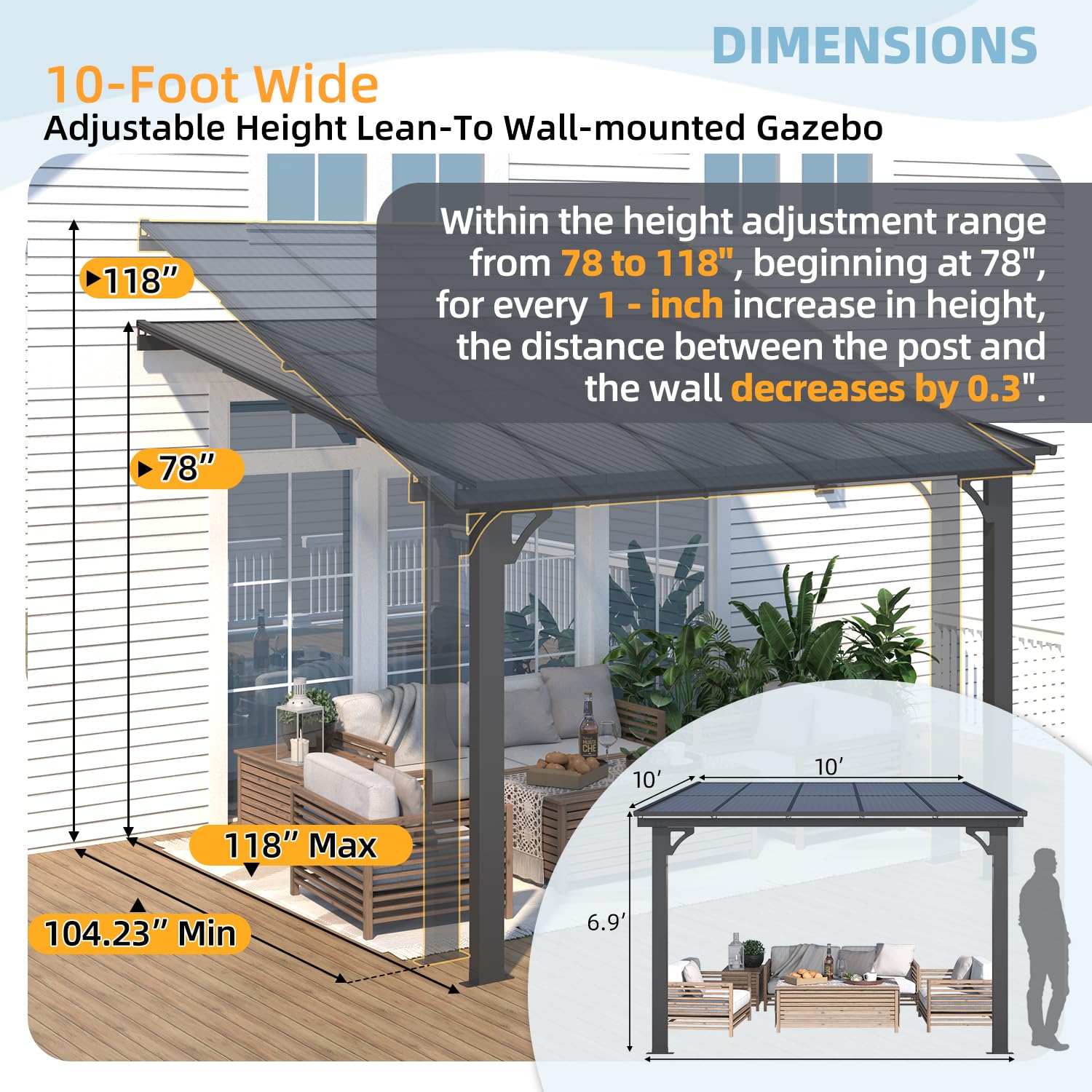AECOJOY 10'x10' Adjustable Height Wall-Mounted Gazebo - Heavy Duty ...
