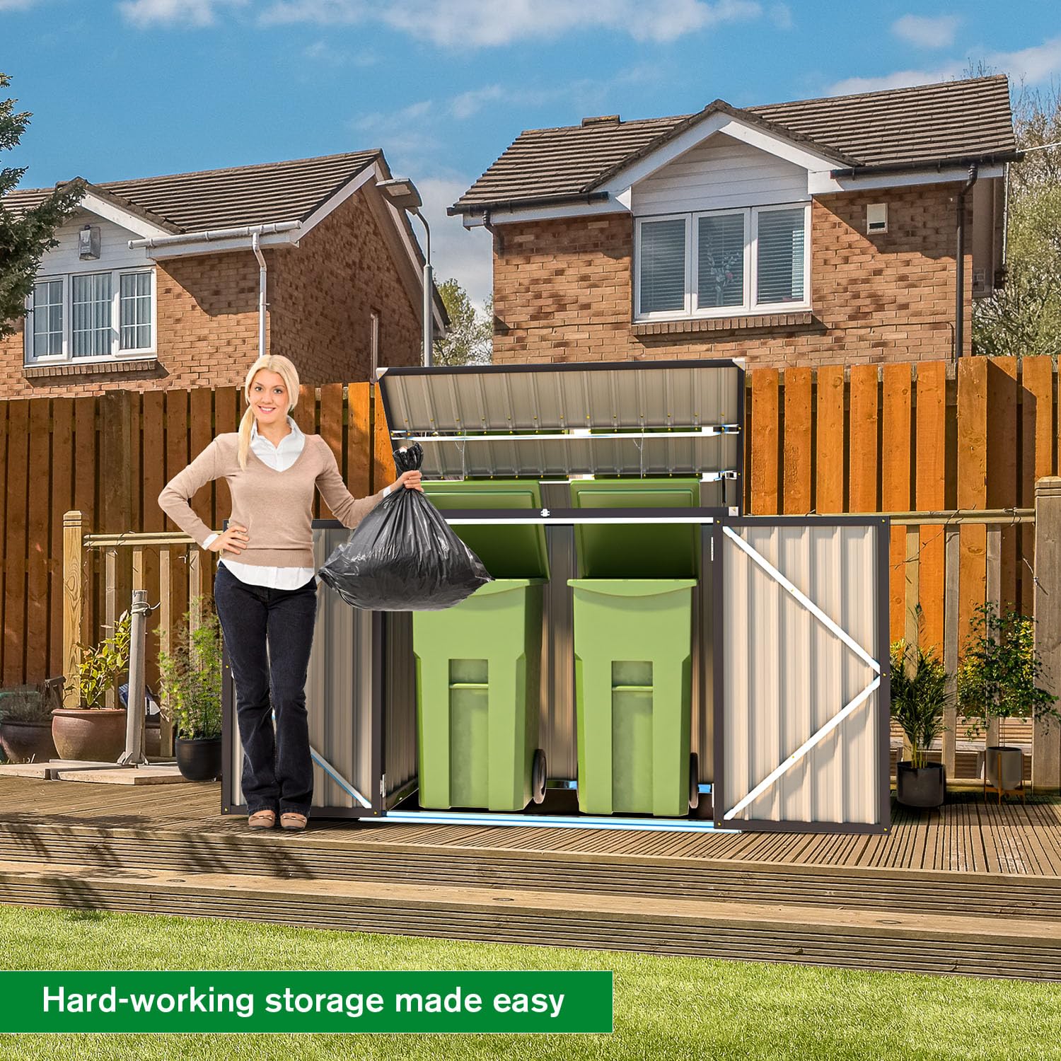 Garbage Outside Storage AECOJOY 3'x5' Outdoor Horizontal Trash Can Storage Shed, Brown ...