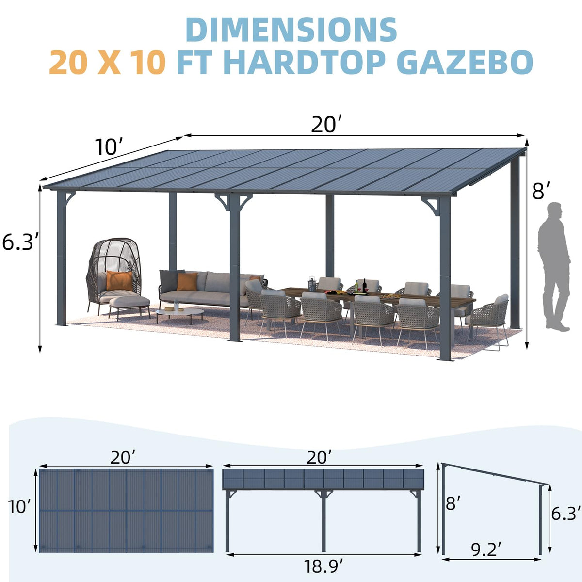 AECOJOY 20'x10' Wall Mounted Gazebos Pergola, Dark